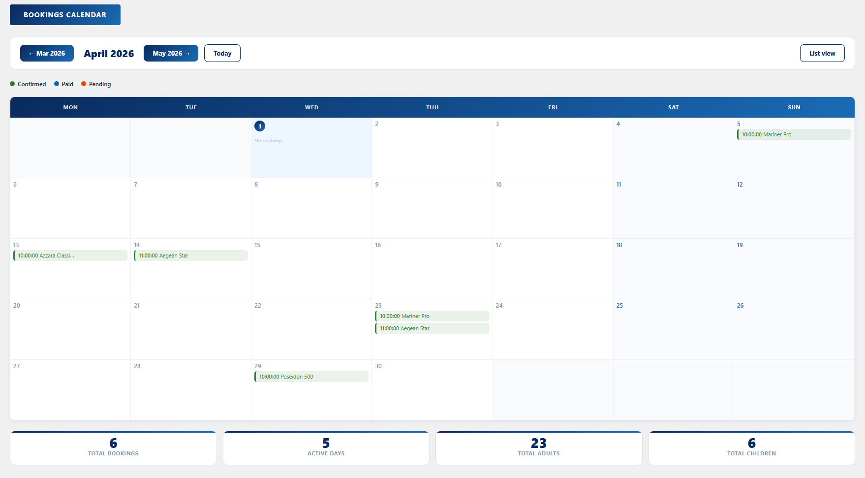 Bookings calendar
